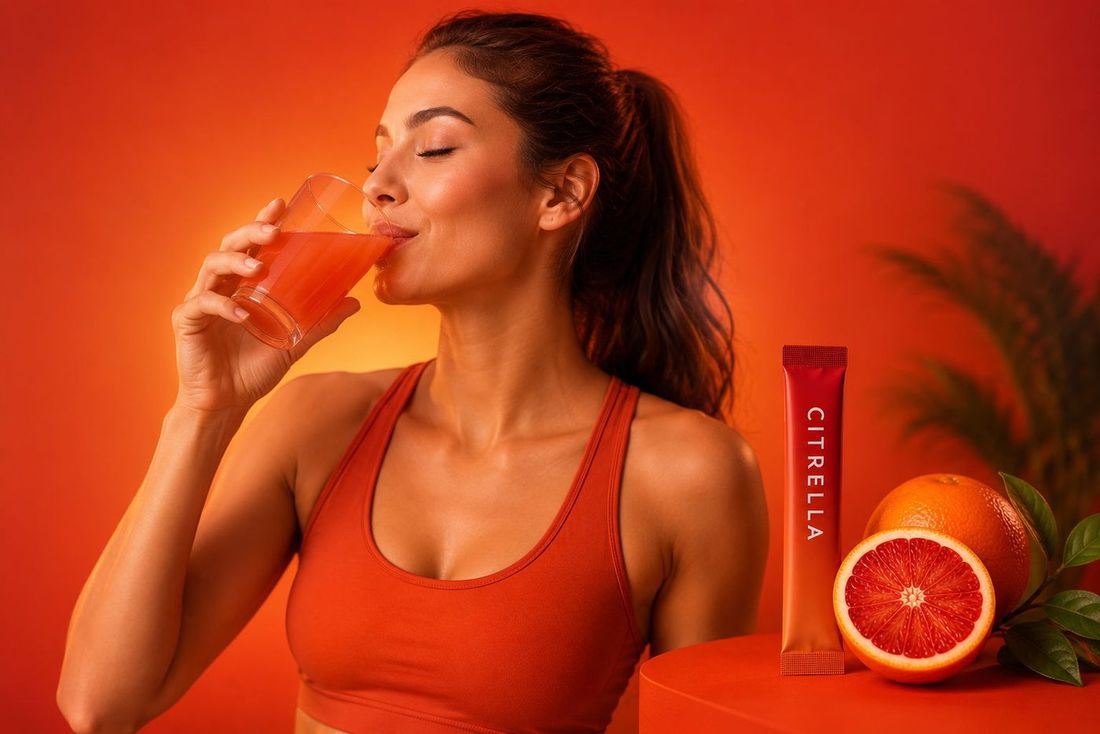 Woman drinking a glass of blood orange drink, with a Citrella slim stick and half an orange beside her