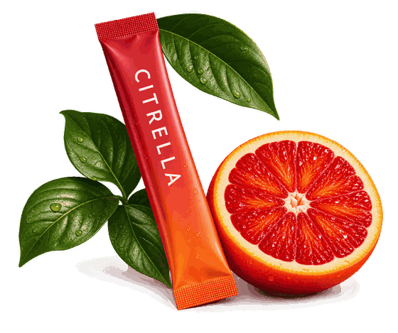 Citrella slim stick in front of half a blood orange and green leaves
